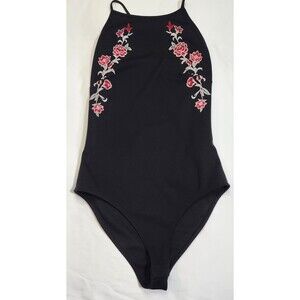 Forever 21 Embroidered Rose Bodysuit Medium Black Criss Cross Low Back Sleek M
